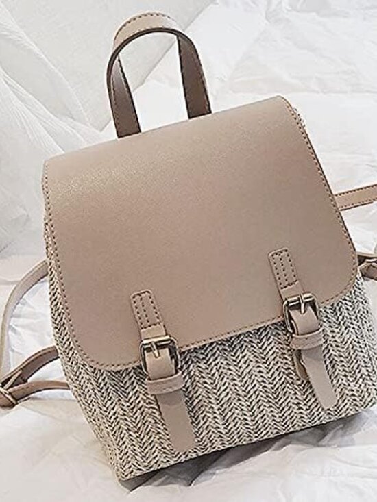 Women\'s Small Buckle Tan Straw Woven Backpack w/ Adjustable Straps main image 8